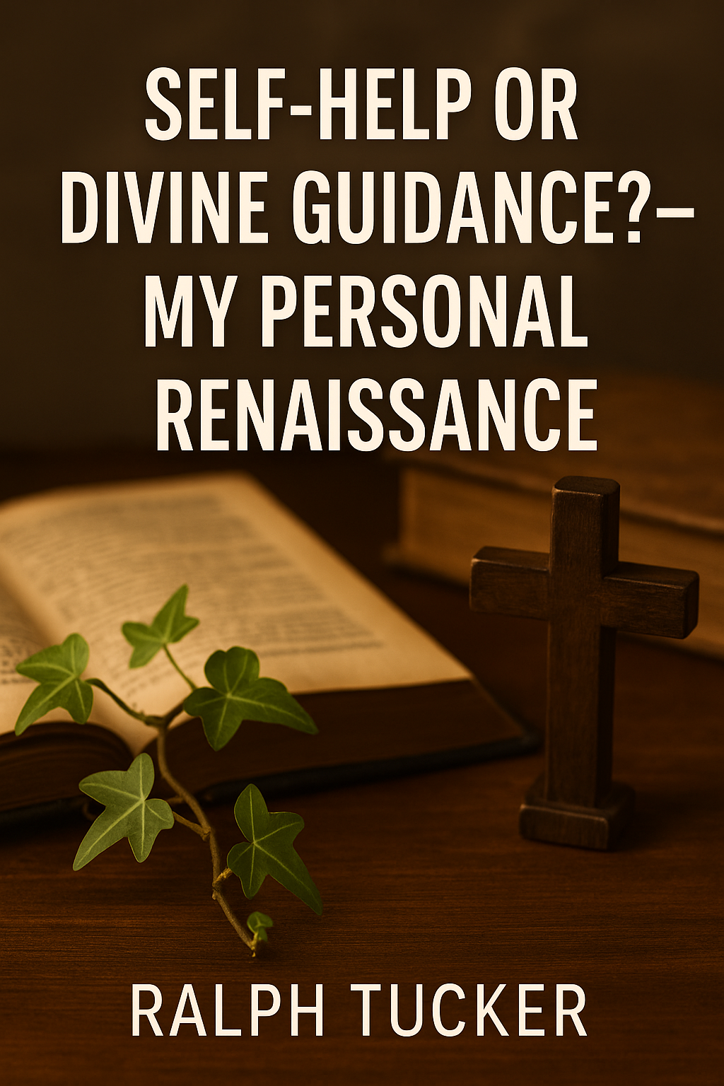 Open Bible on a wooden table with a wooden cross and ivy leaves, symbolizing faith, reflection, and spiritual renewal.