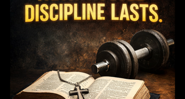 Faith and discipline concept showing a Bible and weights symbolizing faith-centered mental discipline and lasting inner strength beyond willpower.