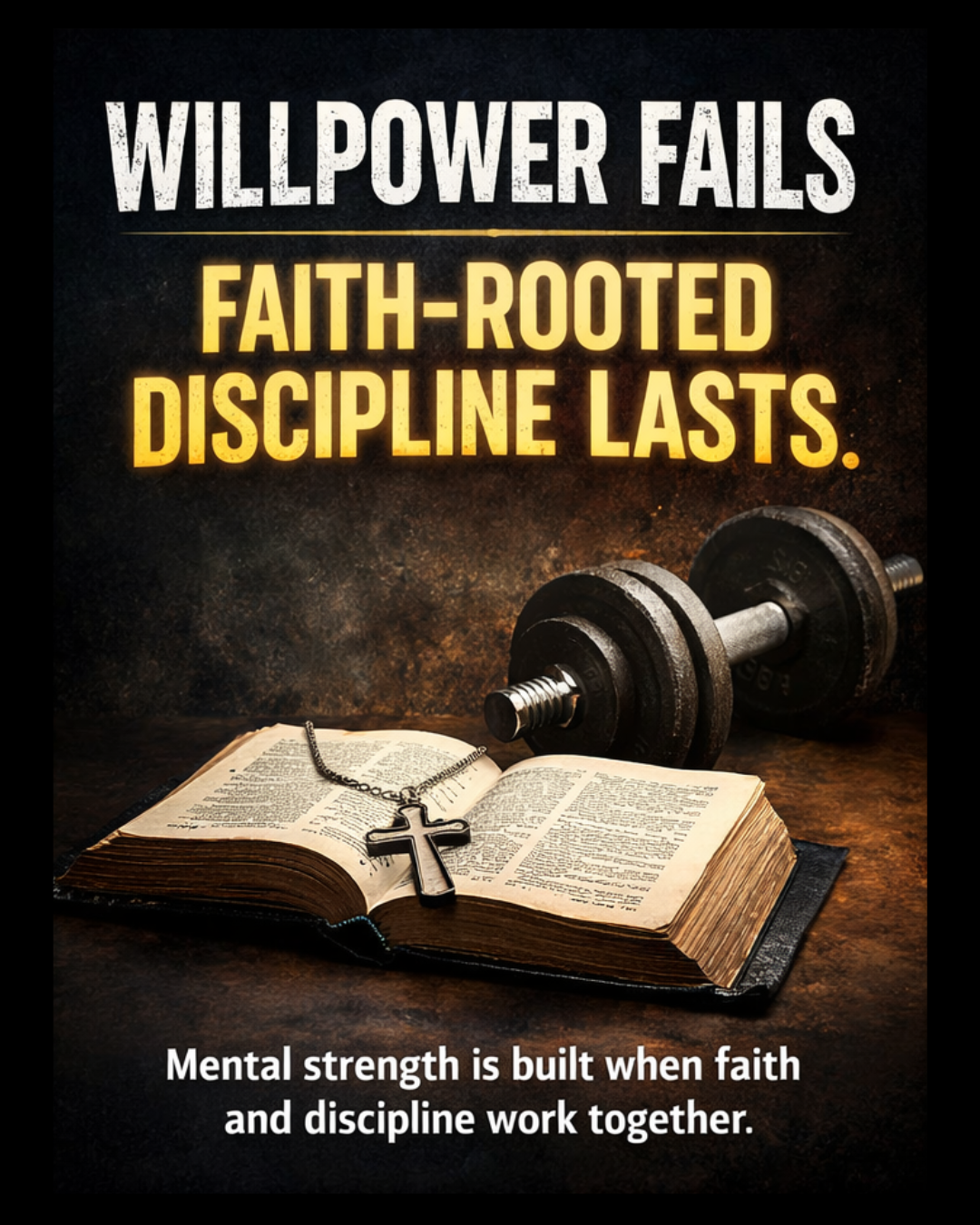 Faith and discipline concept showing a Bible and weights symbolizing faith-centered mental discipline and lasting inner strength beyond willpower.