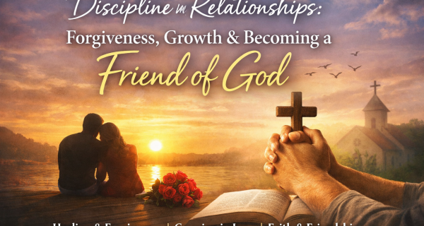 Hands clasped in prayer holding a wooden cross over an open Bible, with a couple seated together by the water watching a golden sunset, red roses beside them, symbolizing faith, forgiveness, love, and spiritual connection in relationships.