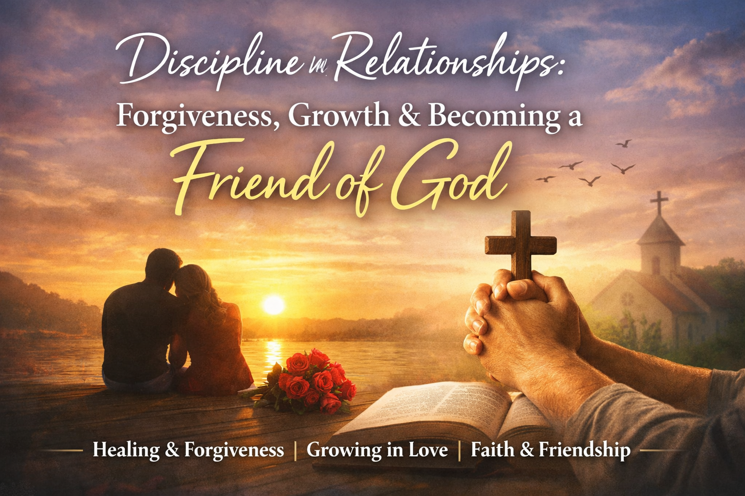 Hands clasped in prayer holding a wooden cross over an open Bible, with a couple seated together by the water watching a golden sunset, red roses beside them, symbolizing faith, forgiveness, love, and spiritual connection in relationships.