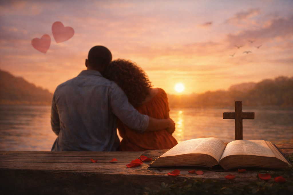 After Valentine’s Day, discover how discipline, forgiveness, and grace strengthen relationships and create emotional freedom rooted in faith. African American couple sitting together at sunset by the water with an open Bible and wooden cross in the foreground, surrounded by soft heart shapes and rose petals, symbolizing faith, love, forgiveness, and intentional relationship growth after Valentine’s Day.
