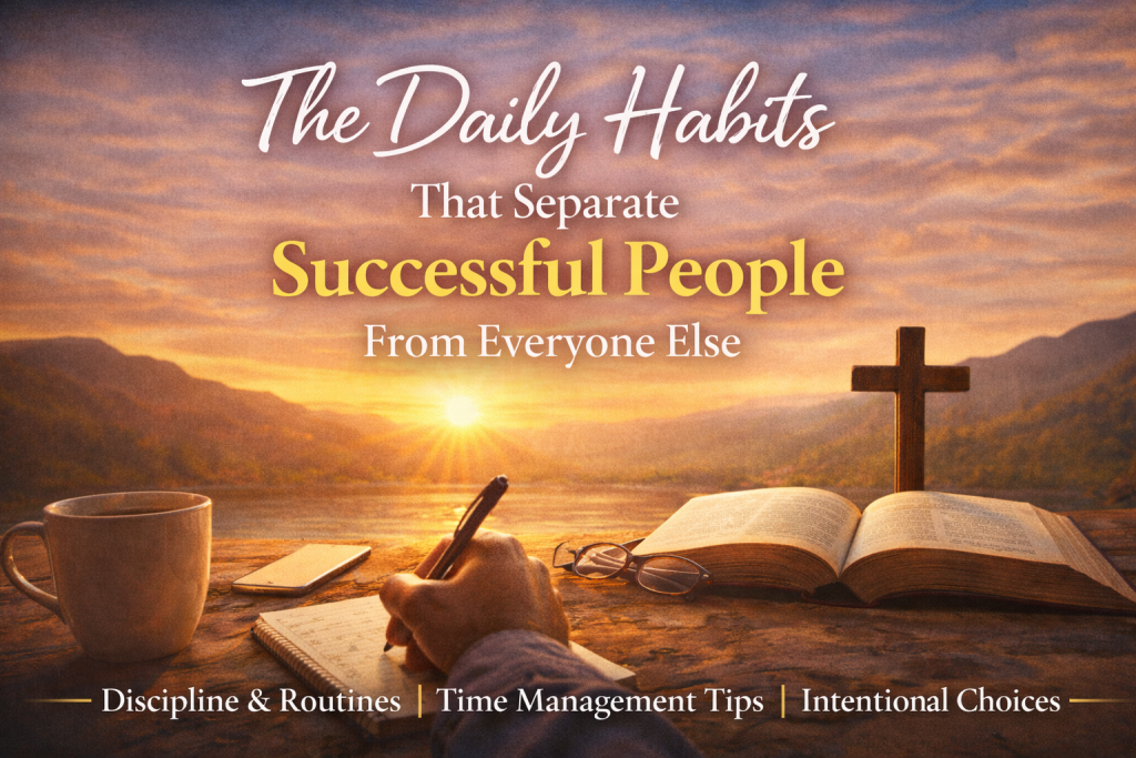 Hand writing in a notebook beside coffee, Bible, glasses, and phone during sunrise, symbolizing daily habits, discipline, intentional routines, and the practices that lead to success.