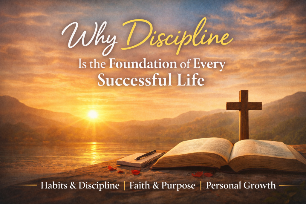 Open Bible, wooden cross, and notebook beside a lake at sunrise with warm golden light, symbolizing discipline, faith, personal growth, and the foundation of a successful life.