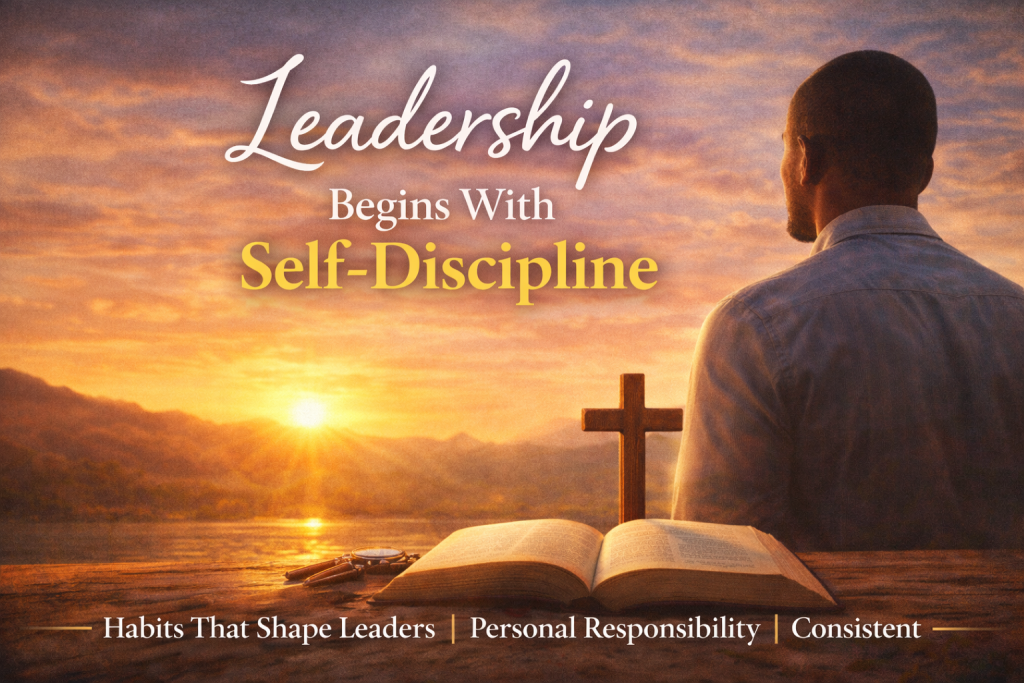 African American man standing at sunrise looking toward the horizon with an open Bible and wooden cross in the foreground, representing leadership, self-discipline, personal responsibility, and faith-based leadership.